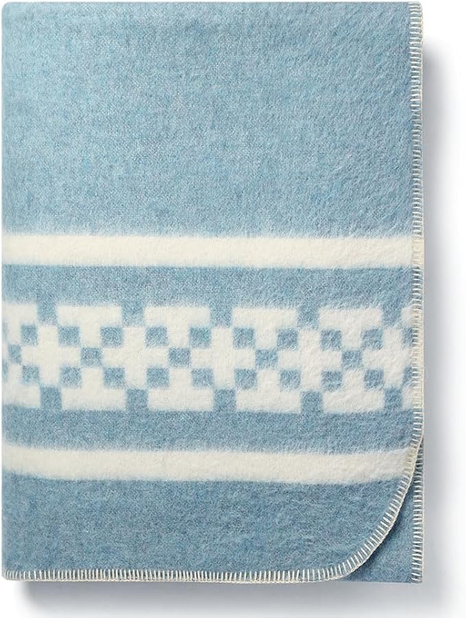 Inca Wall - Thick Alpaca Wool Blanket Heavyweight Camping Outdoors Indoors Soft Peru Queen Size New Ethnic Design (Soft Blue/Ivory, Queen Size)