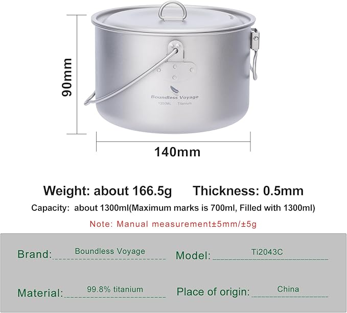 Boundless Voyage Titanium Hanging Pot for Outdoor Camping Backpacking Hiking Ultralight Portable Cooking Pot Camp Kitchen Cookware 1300ML/1950ML/2900ML