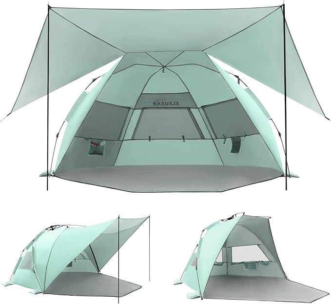 Elegear CumbreX™ Beach Tent with 360° Removable Canopy, 4-6 Person Pop Up Sun Shade Shelter, UPF 50+ Automated Installation Double Silver Coating Portable Lightweight Beach Cabana for Outdoor - Green