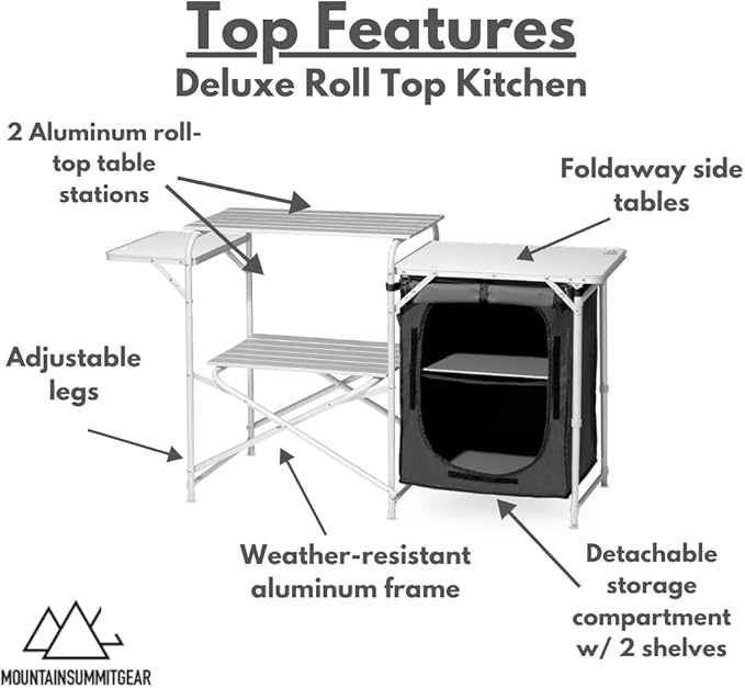 MOUNTAIN SUMMIT GEAR Deluxe Roll Top Kitchen Table for Camping Made with Weather-Resistant Aluminum (by Caddis Sports)