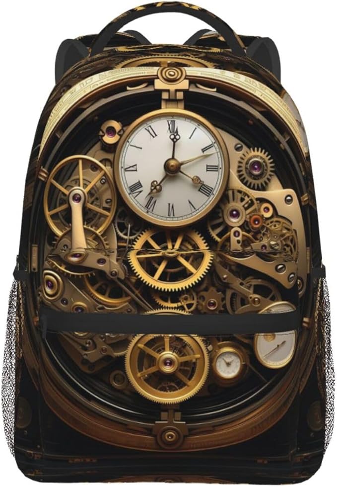 Men Women Lightweight Cool Steampunk Gears Art Daypack Bookbag Big Capacity Carry On Bag With Side Pockets for Camping Travel Bicycle