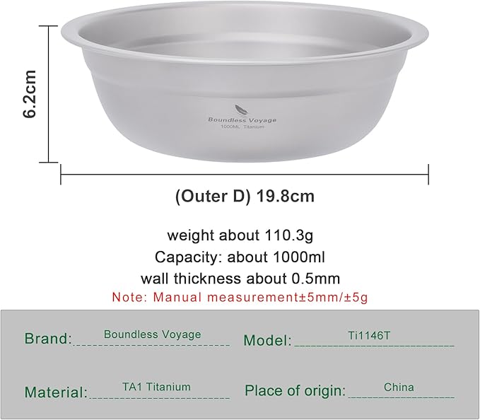 Boundless Voyage Titanium Camping Plate Bowl Set Rice Soup Salad Stackable Serving Bowls Ultralight Dinnerware Set Dishwasher Safe 1000ml ti1146T