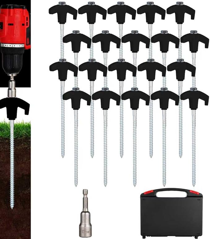 20 Pack Screw in Tent Stakes Heavy Duty,8 ’’ Ground Anchors Screw in,Metal Stakes with Hex Head Driver and Sturdy Storage Box. (20, Black)
