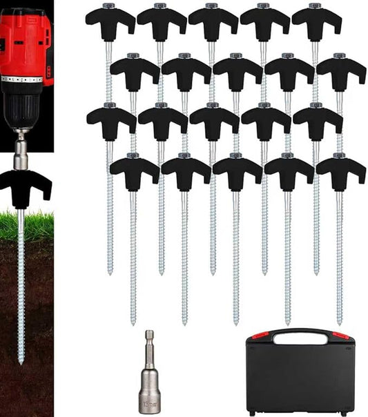 20 Pack Screw in Tent Stakes Heavy Duty,8 ’’ Ground Anchors Screw in,Metal Stakes with Hex Head Driver and Sturdy Storage Box. (20, Black)