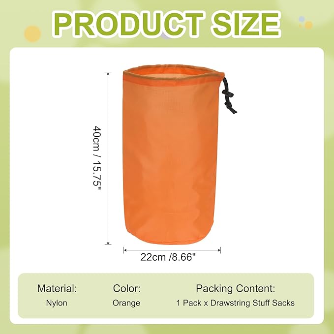 Stuff Sack, Nylon Waterproof Storage Sacks Portable Drawstring Dry Stuff Bag Gear Organization with Toggle, 9x16Inch Fit for Backpacking Camping Traveling Hiking(Orange)