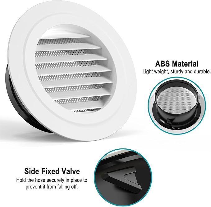 5 Inch Round Air Vent, HG Power ABS Louver Grille Cover with Built-in Screen Mesh, White Soffit Vent for Bathroom Office Kitchen Ventilation - Opening Size 4.56"