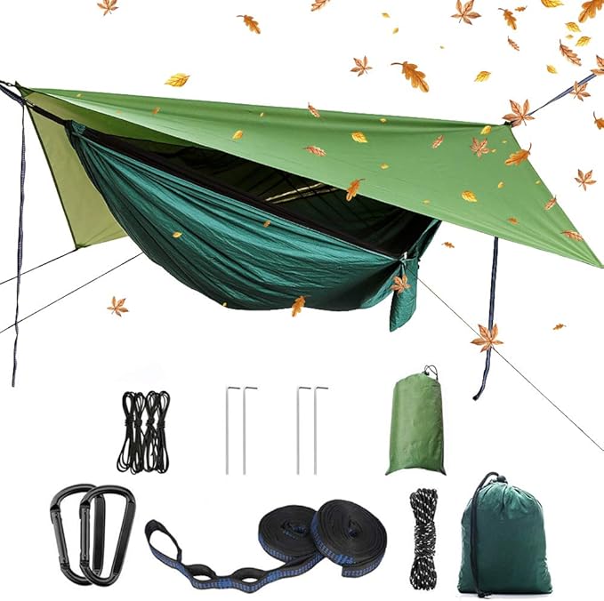 Portable Single Double Nylon High Strength Parachute Hammock Rainfly Set, Camping Hammock with Rain Fly Tarp and Mosquito Net Tent Tree Straps, Backpacking Hiking Travel Yard Outdoor Activities