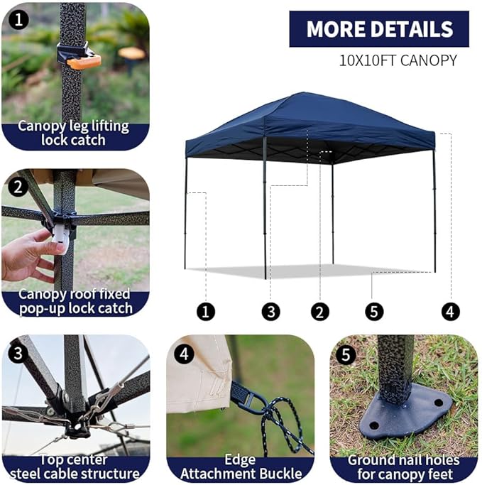 10x10 Pop Up Canopy Tent with 2 Sidewalls, Easy Up Canopy Outdoor Party Sun Shade Tent Portable Gazebo for Beach Camping Events with Carry Bag and 4 Sand Bags (Navy Blue)