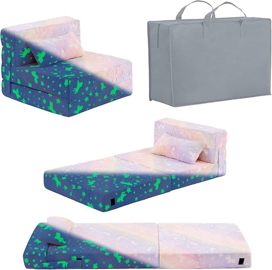 Folding Sofa Bed Floor Mattress for Kids with Pillow, Toddler Washable Folding Floor Nap Mat Futon, Child Foldable Sofa Chair with Storage Bag for Playroom, Camping, Girls and Boys, Purple