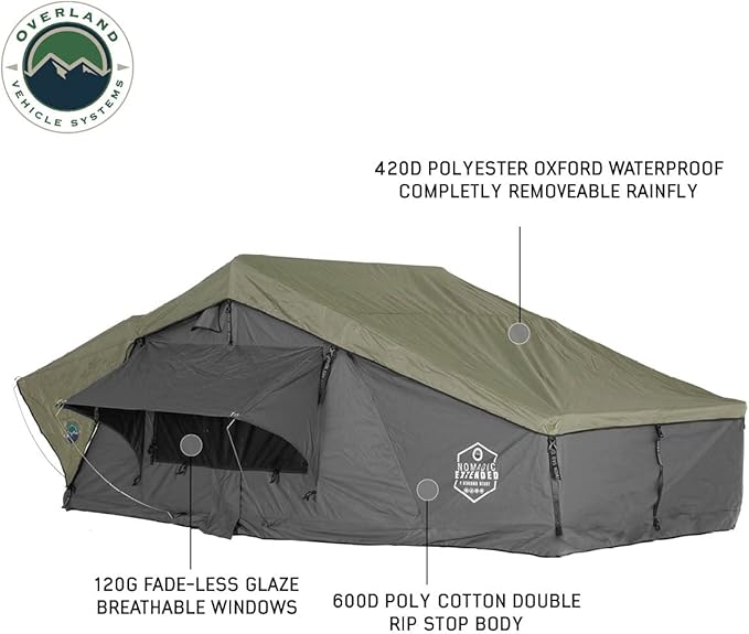 Extended Soft Shell Rooftop Tent, 2-Person - Overland Vehicle Systems HD Nomadic 2 - Grey Body & Green Rainfly