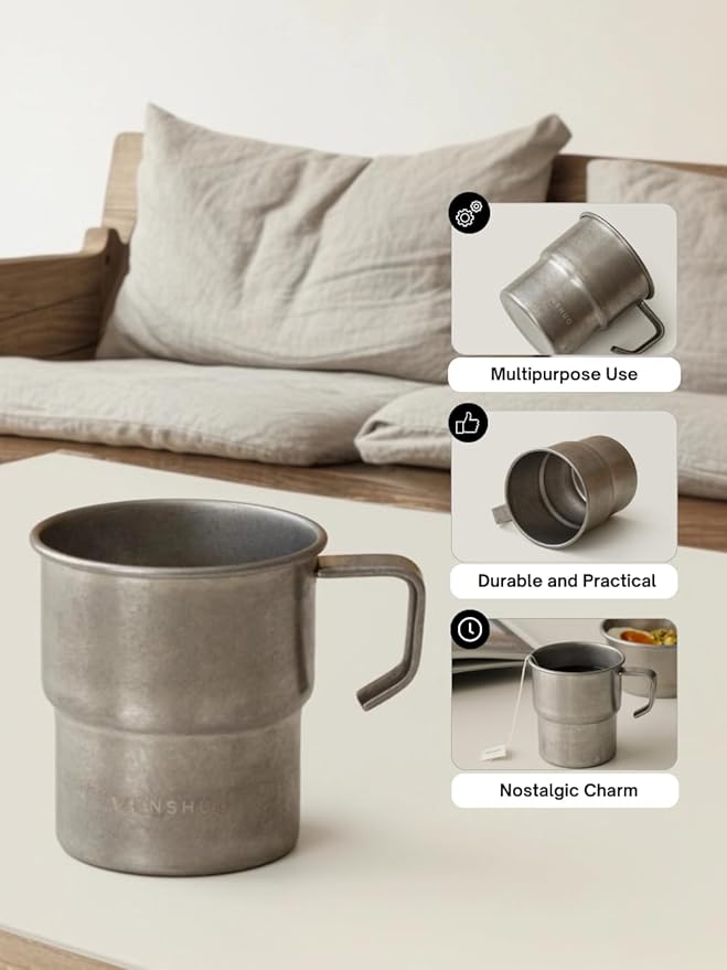 WENSHUO Outdoor Mug,Small Camping Cup,Vintage Stainless Steel,10.14 fl oz (300 ml)