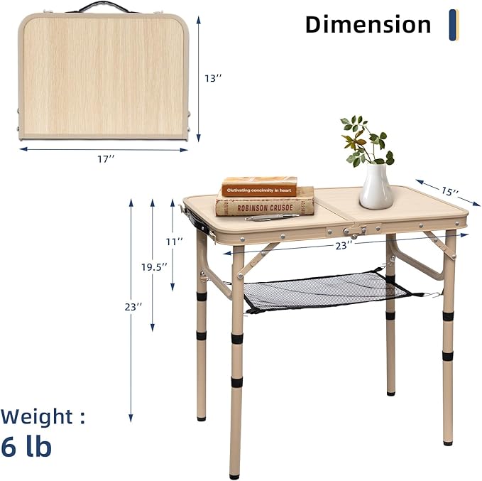 Small Folding Table 2FT Camping Table 3 Adjustable Height Lightweight Portable Aluminum Mini Foldable for Picnic Beach Indoor Outdoor, Yellow