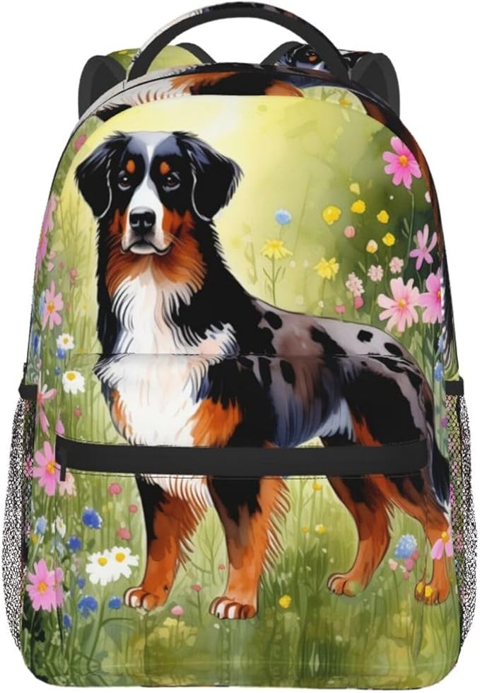 Rucksack Polyester Anti-Theft Multipurpose Shetland Sheepdog Dog Watercolor Pink Flower Art Bookbag Big Capacity Travel and Sport Backpack Rucksack With Side Pockets