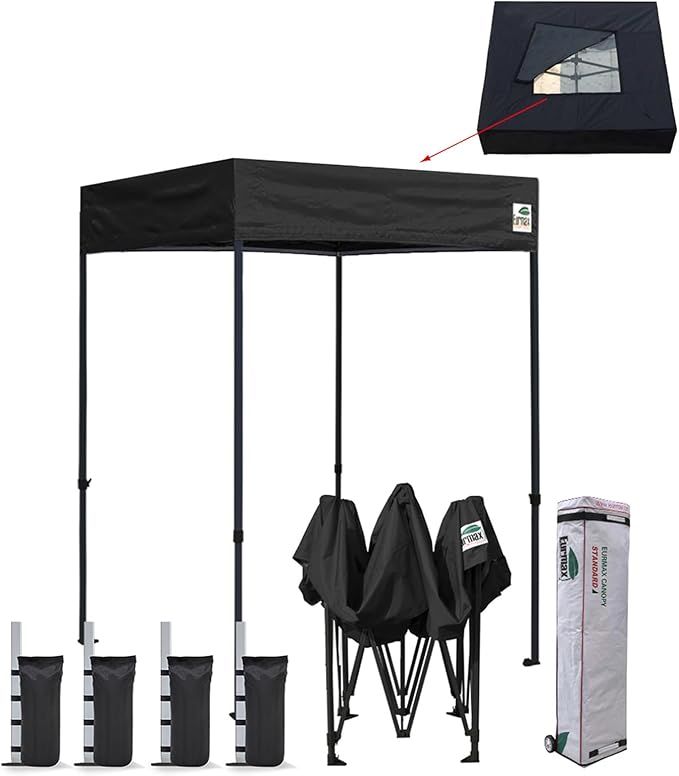 Eurmax USA Printed 5x5 Flat Top Pop Up Canopy Tent Commercial Instant Canopies with Heavy Duty Roller Bag,Bonus 4 Sand Weights Bags (Black with Screen Window)