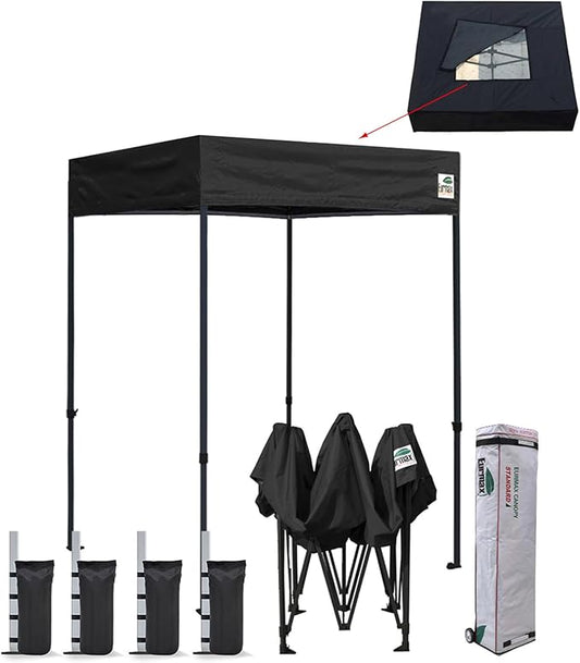 Eurmax USA Printed 5x5 Flat Top Pop Up Canopy Tent Commercial Instant Canopies with Heavy Duty Roller Bag,Bonus 4 Sand Weights Bags (Black with Screen Window)