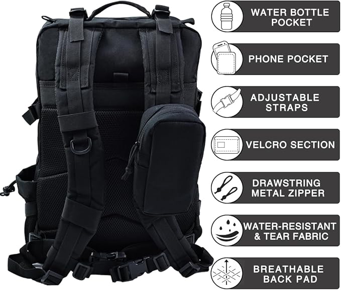 Military Tactical Backpack,Sturdy Work & Molle Laptops Rucksack, Heavy Duty Pack for Hiking Camping Travel Fishing Gym,Black
