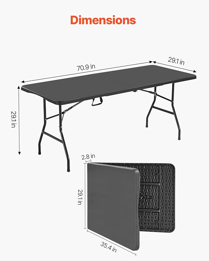 VEVOR Folding Table, 6 Ft Heavy Duty Portable Fold-in-Half Utility Table, Indoor Outdoor Plastic Rectangle Table with Built in Handle, for Party, Dining, Wedding, Events, Picnic, Camping, Black