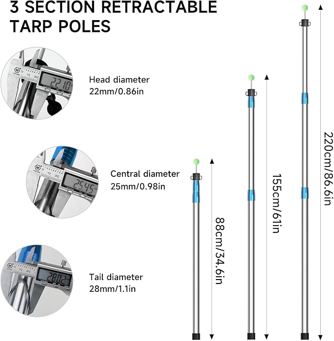 KOMCLUB Telescoping Tent Tarp Pole Adjustable Tarp Poles 3 Section Heavy Duty Canopy Poles Stainless Steel Portable Camping Poles 33"-86.61" for Hiking Car Canopy Awning 2Pcs Set (Blue)