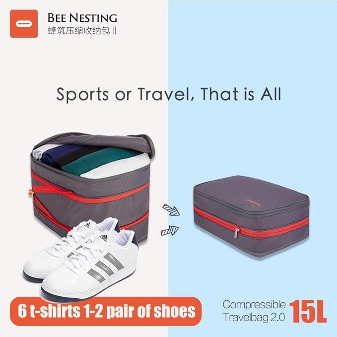Bee Nesting Compression Packing Cube 2-Layer Travel Luggage Organizer with Wet Dry Separation Expandable Space Saver Bag for Suitcase and Backpack