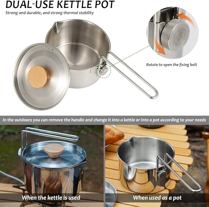 Stainless Steel Camping Pot with Lid and Removable Handle, Light Weight Outdoor Camping Kettle, Easy Clean Camp Boiling Pot, Cooking Pot for Picnic, Hiking, Backpacking, 1L/34oz