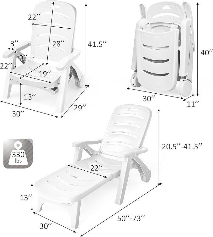 Tangkula Outdoor Chaise Lounge Chair, Adjustable 5-Position Recliner Chair with Built-in Wheels, Weather-Resistance Folding Lounge for Patio, Backyard, Poolside and Beach (1, White)