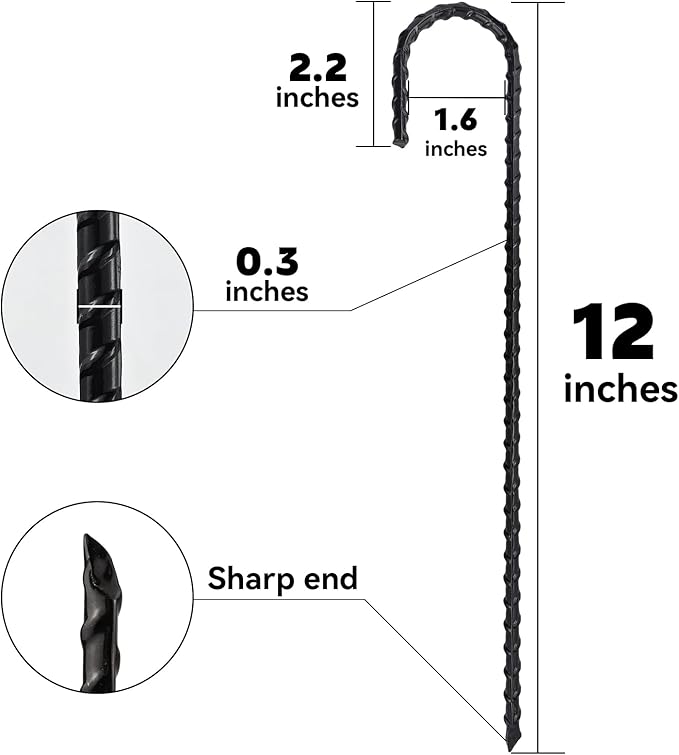 12 Inch J-Hook Rebar Stakes, HeavyDuty Anti-Rust Ground Anchors for Chainlink Fence, Garden Dog Fence, Sports nets, Camping Tent, Etc (20 Pack)