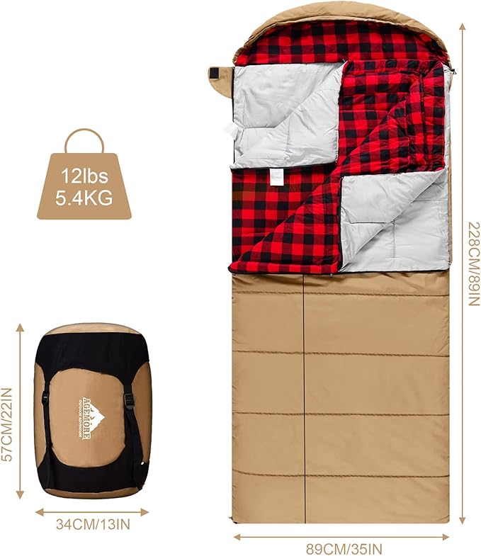 AGEMORE 0 Degree Canvas Sleeping Bag for Adults, Cotton Flannel Sleeping Bag for Winter Camping, Fishing, Hunting or Traveling, Durable Cotton Canvas Shell and Removable Flannel Liner