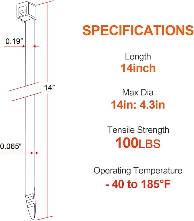 14 Inch Anti Withdrawal Zip Ties 100 LBS Tensile Strength Heavy Duty Cable Wire Ties With Self-Locking Adjustable More Durable Nylon Tie Wraps for Indoor Outdoor（100 Pack）