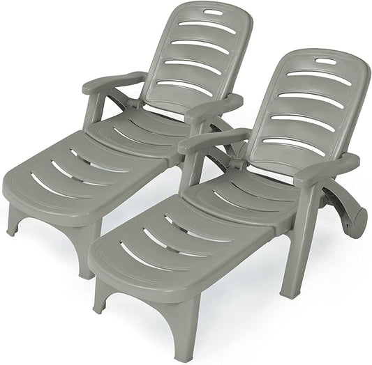Tangkula Outdoor Chaise Lounge Chair, Adjustable 5-Position Recliner Chair with Built-in Wheels, Weather-Resistance Folding Lounge for Patio, Backyard, Poolside and Beach (2, Grey)