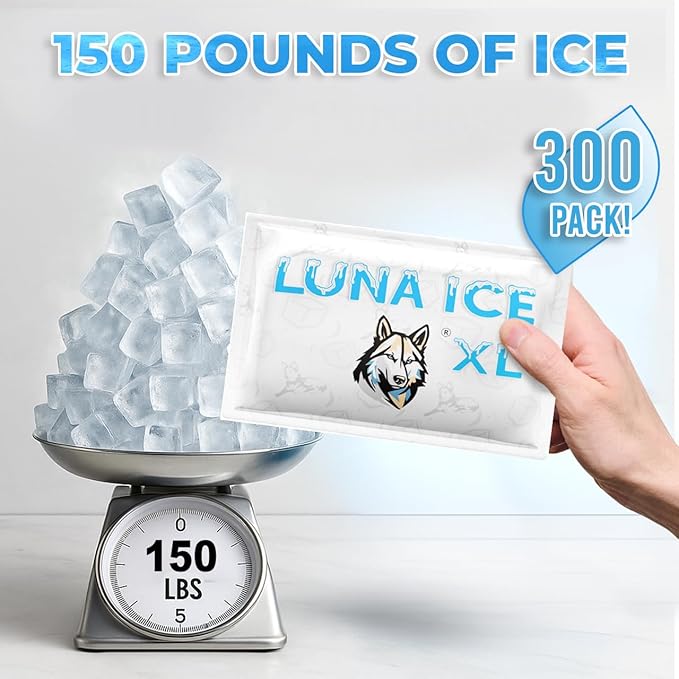 LUNA ICE Dry Ice Packs for Shipping XL - Long Lasting ice Packs - 24+ Hour Freeze Power - BPA Free - 300 Pack Bulk 150 lb – Hielo Seco - Reusable Gel Bricks for Food