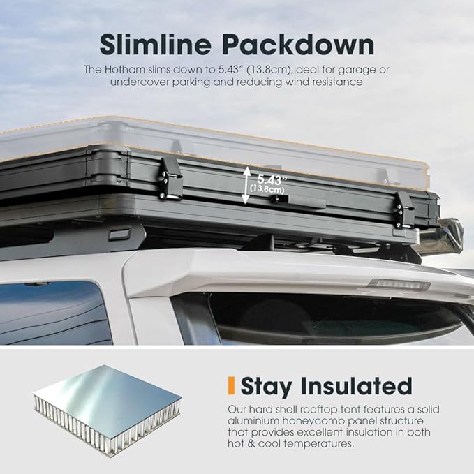 Sanhima Rooftop Tent Hard Shell - Hotham Lite Overland Aluminium Roof Top Tent 4.56" Slimline, w/Tri-Color LED Strip Light & 1.97” Thick Mattress, for Car SUV Truck Camping, 2-3 People