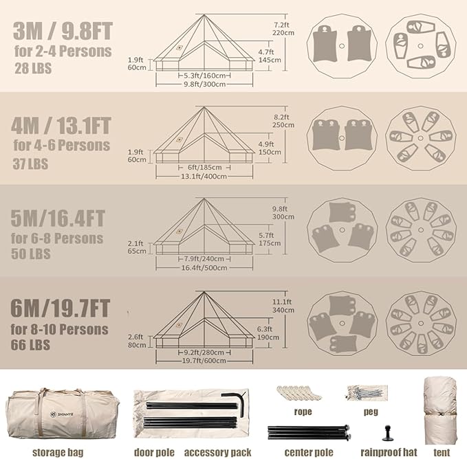 Canvas Bell Tent Yurt Tent 4 Seasons for Camping 100% Cotton Glamping Tents with Stove Jack, Family Camping Outdoor Hunting Party
