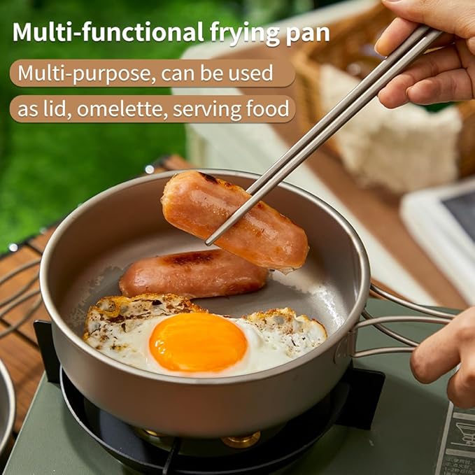 BY-J 3 Piece-Set, Outdoor Titanium Frying Pan & Pot with Lid Folding Handle Camping Hanging Cookware Hiking Picnic Ultralight Bowl Tableware