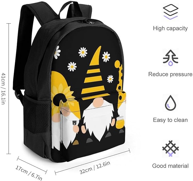 Men Women Lightweight Sunflower Bee Cute Cartoon Gnome Black Backpack Large Capacity Bookbag With Smooth Zippers for Gym Business Running
