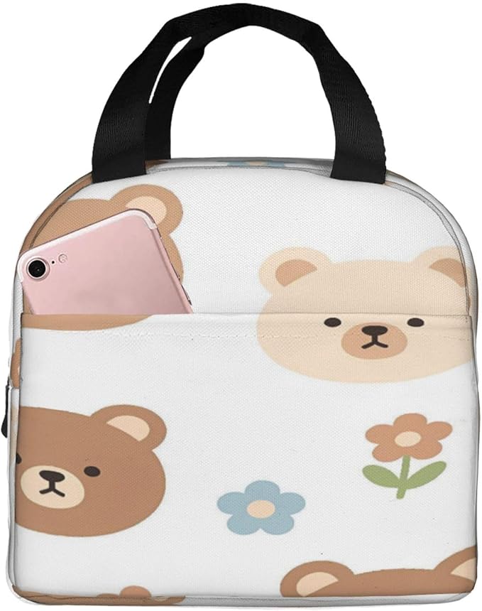 Cute cartoon bear faces flowers digital art Insulated Lunch Bag Oxford Cloth & Thick Foil Cooler Warmer Tote Waterproof Wear-Resistant with Front Pocket for Work Picnic Outdoor Travel