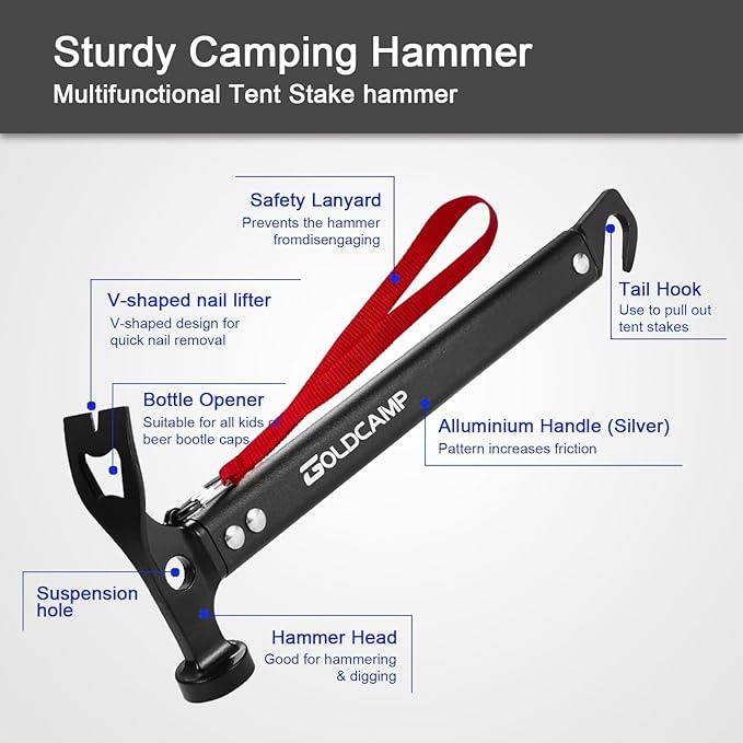 GOLDCAMP 8 Pack Heavy Duty Tent Stakes and Hammer with Canvas Storage Bag, 8in Duty Metal Tent pegs Ground Anchor for Camping、Outdoor、Hiking（Durable Combination）