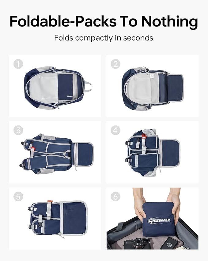 CROSSGEAR 24L Packable Backpack, Lightweight Hiking Daypack, Multiple & RFID Pocket, Water-Resistant Foldable Hiking Backpack for Women Men, Nylon Fabric for Travel Camping, Navy Blue