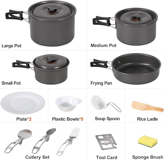REDCAMP 6/10/11/12/14/15/19 PCS Camping Cookware Mess Kit Camping Gear Campfire Utensils Lightweight Stackable Pot Pan Bowls Soup Spoon with Storage Bag for Camping, Backpacking, Outdoor Cooking