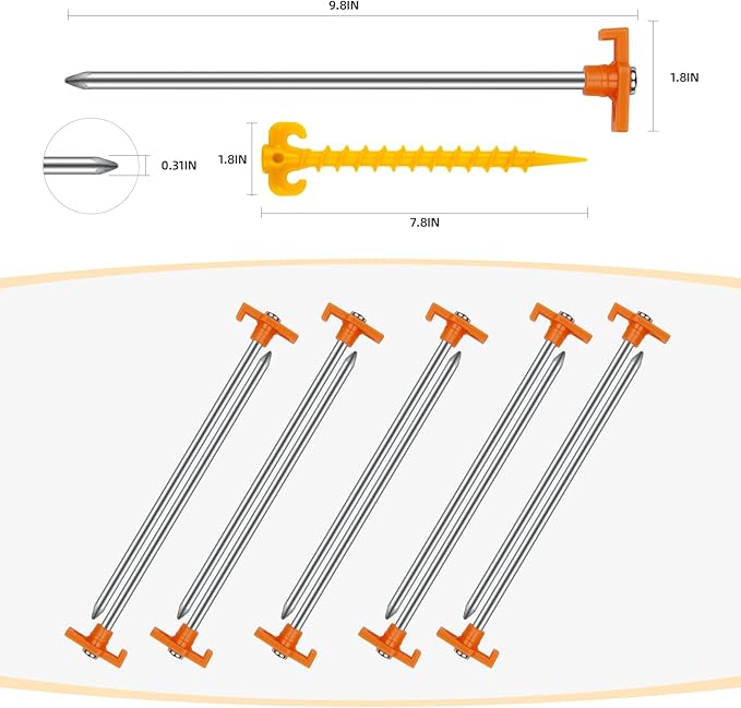 Tent Stakes Heavy Duty Camping Stakes,AVOFOREST 7.1/9.8inch Non-Rust Metal Tent Pegs Ground Stakes Tent Spikes Camping,Garden,Hiking Green/Orange/Black (Orange 12+2pcs, 10IN)