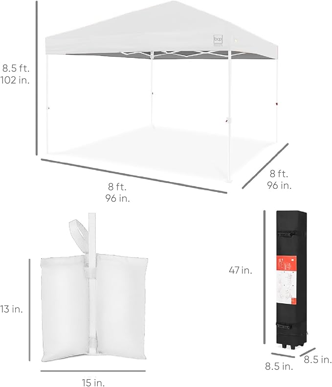Best Choice Products 8x8ft Pop Up Canopy Tent, Outdoor Shade, 1 Person 1 Minute Set Up, Carry Case, 4 Weight Bags - White/White