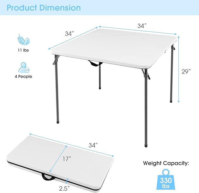 Goplus 34" Square Folding Card Table, Portable with Handle, White Indoor Outdoor Utility Table for Picnic, Party, Dining, Camping, BBQ