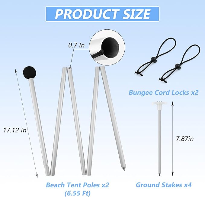 Beach Tent Poles Replacement - 6.56Ft Awning Poles with Ground Stakes for Tarp Canopy, Foldable Aluminum Alloy Tarp Poles for Camping, Parties, Fishing, and Hiking, 2-Pack