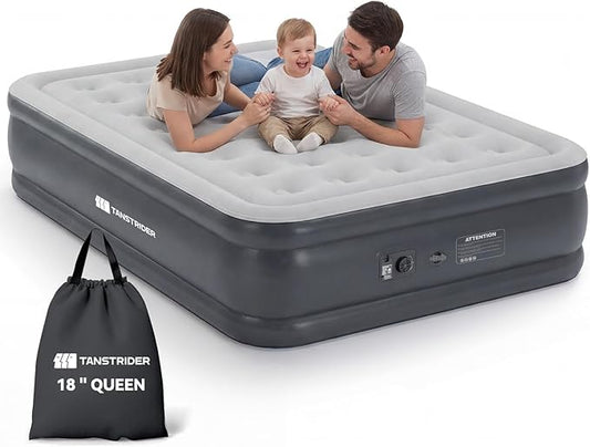 Queen Air Mattress with Built in Pump,18" Raised Blow up Air Bed,3 Mins Quick Self-Inflation/Deflation, Inflatable Mattress for Camping/Home/Guests/Travel (Gray)