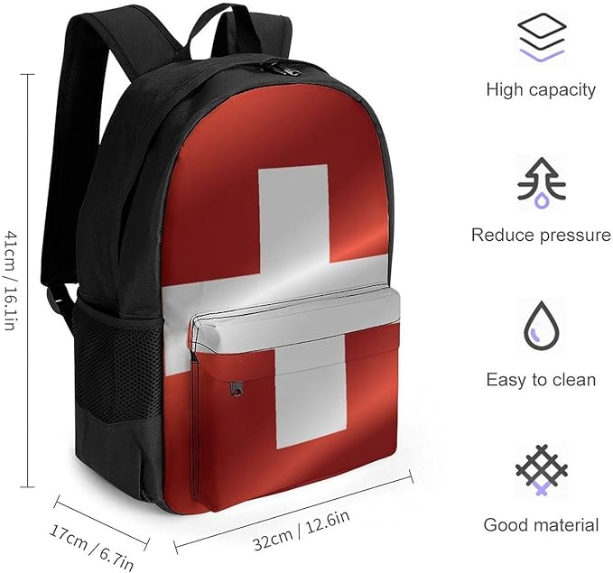 Men Women Polyester Flag Of Switzerland Backpack Large Capacity Bookbag With Smooth Zippers for Climbing Picnic Bicycle