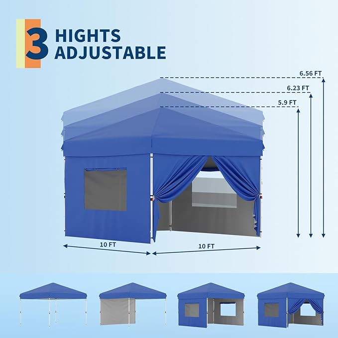 10x10 Pop Up Canopy Tent with 4 Removable Sidewall, Heavy Duty Commercial Instant Shelter with One-Person Setup, UPF 50+ Waterproof, 100 Sq Ft Shade for Outdoor Events, Camping, Farmers Market