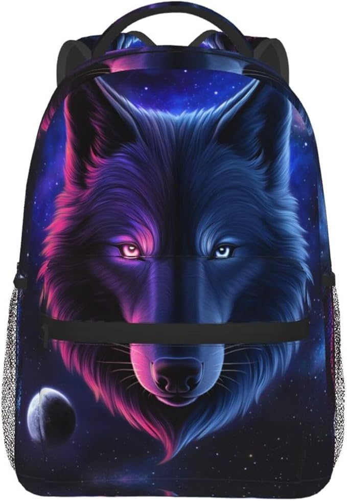 Daypack Backpack Anti-Theft Multipurpose Big Capacity Bookbag, Pink And Blue Cool Wolf Moon Art Business Computer Bag With Side Pockets