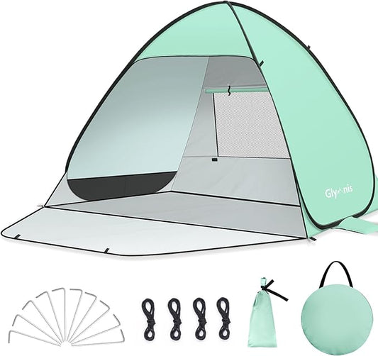 Glymnis Pop Up Beach Tent Beach Shade Tent for 1-4 Persons Sun Shelter UPF 50+ Enclose Zipper Door Portable Easy Up Beach Tent