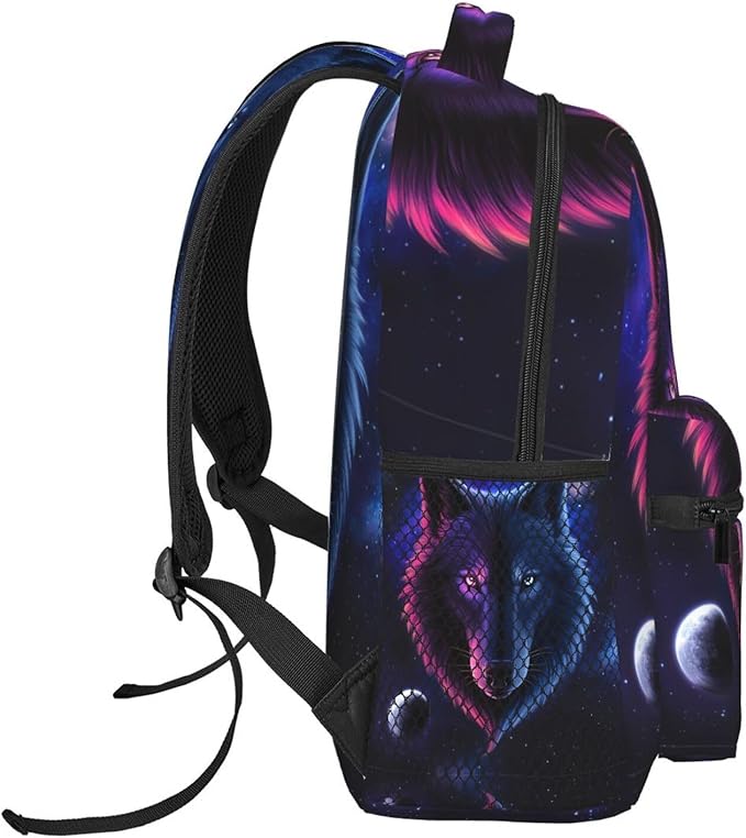 Daypack Backpack Anti-Theft Multipurpose Big Capacity Bookbag, Pink And Blue Cool Wolf Moon Art Business Computer Bag With Side Pockets