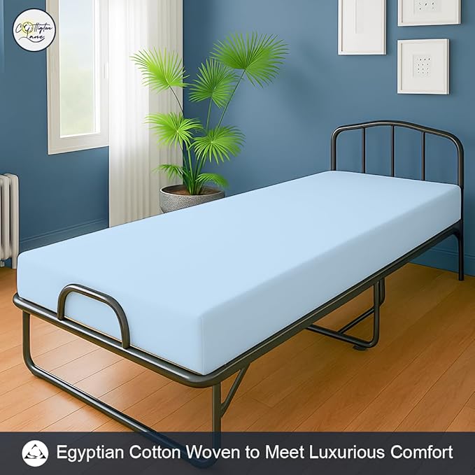 Cot Fitted Sheet 28 x 75, 100% Egyptian Cotton, 1 PC Cot Size Bottom Sheet Only, Perfect for Narrow Twin, Camp Bunk, Army Cots, Trifold Mattress, Camping Cot, Guest Bed Replacement(Light Blue)