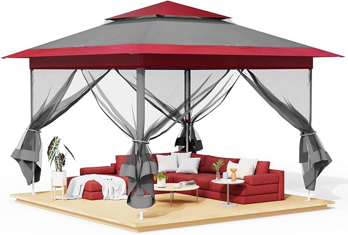 TLSUNNY 11' X 11' Gazebo, Pop Up Outdoor Canopy Tent W/4 Mesh Walls & Wheeled Bag, Screened Shelter with Netting, One-Person Set Up, Height Adjustable, for Patio, Yard, Party, Garden(Burgundy)